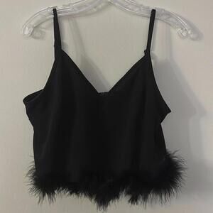 Black Spaghetti Strap Crop Top Boa Fur Trim Holiday Party Club Festival